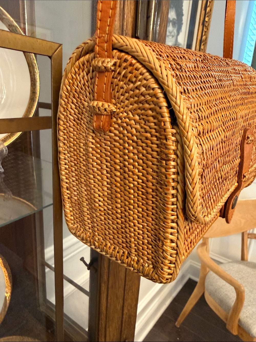 Woven Rattan Straw Crossbody Bag with leather strap - Picture 4 of 15